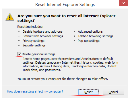 IE reset confirmation
