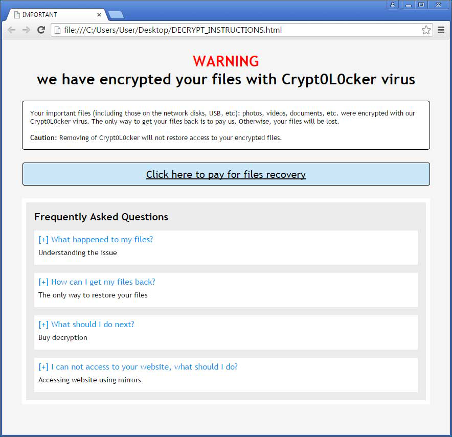 DECRYPT_INSTRUCTIONS.HTML file displayed by Crypt0L0cker trojan