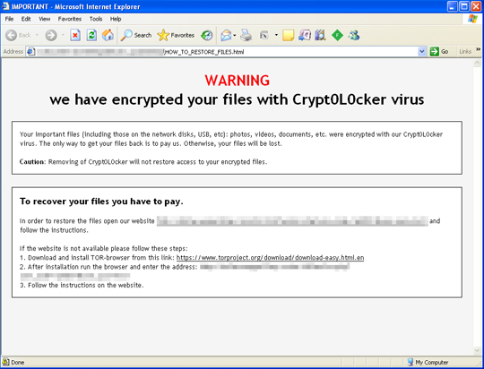 TorrentLocker / Crypt0L0cker ransom note