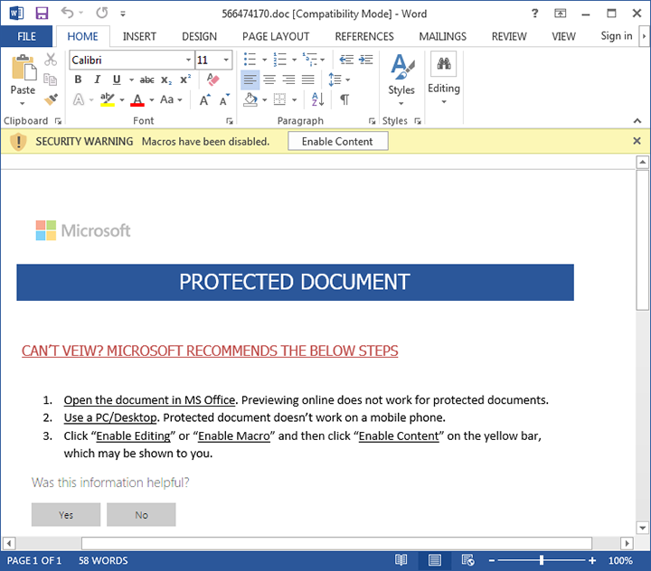 Cerber 4.1.5 devs exploit MS Word macros to install the ransomware