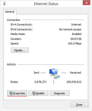 Local Area Connection Status dialog