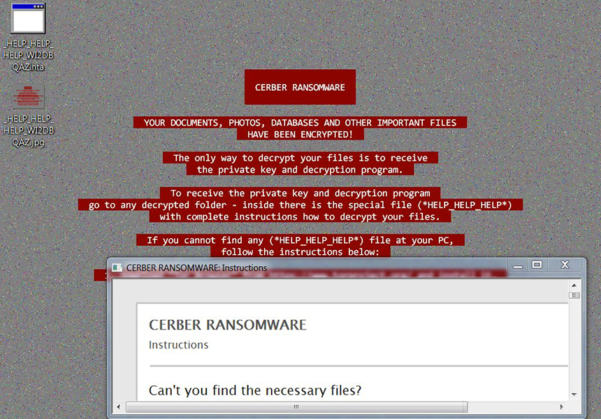 The new design of Cerber desktop warning and modified ransom notes