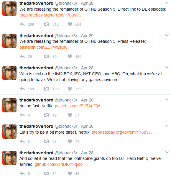 The Dark Overlord’s tweets regarding episodes leak