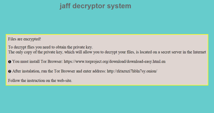 Wording of ReadMe.txt/bmp/html ransom notes dropped by the Jaff virus