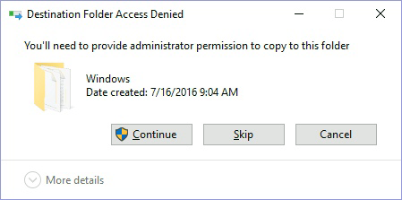 Click ‘Continue’ on ‘Destination Folder Access Denied’ dialog