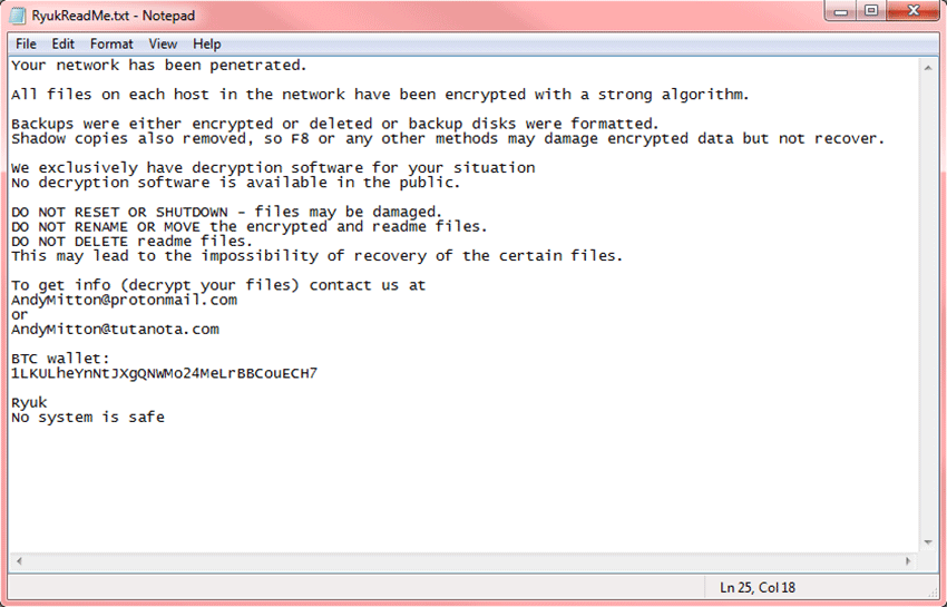 RyukReadMe.txt ransom note edition doesn’t go into as much detail as its ‘well-mannered’ counterpart