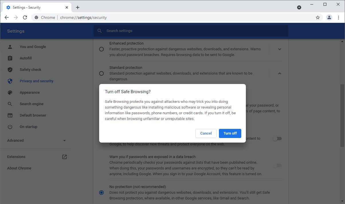 Turning off Safe Browsing in Chrome