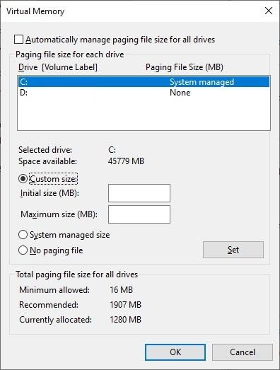 Specify custom size of paging file