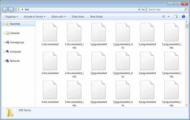 Files encrypted by WastedLocker and corresponding ransom notes in a folder
