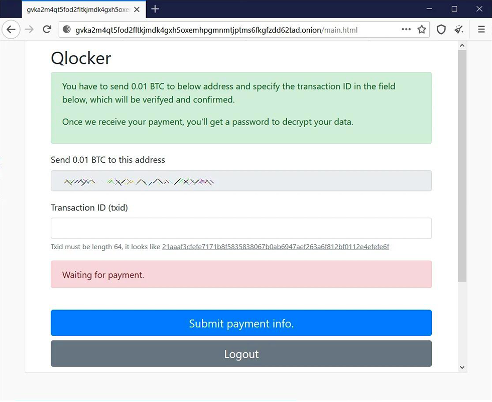 Tor payment page used by Qlocker ransomware
