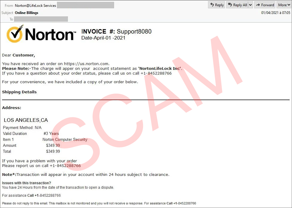 NortonLifeLock email scam variant