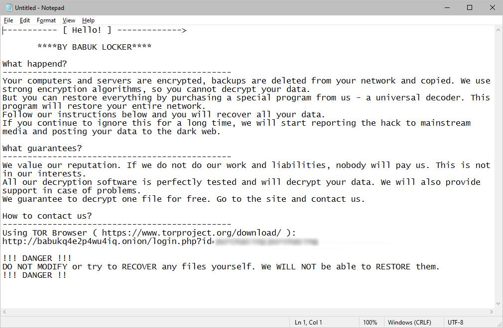 ‘How To Restore Your Files.txt’ ransom note by Babuk Locker