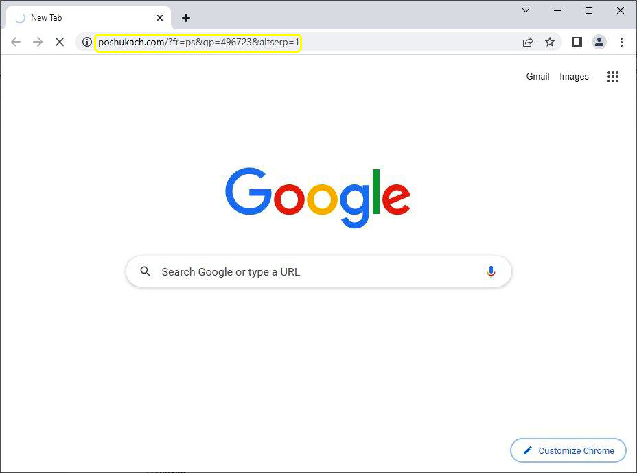 Poshukach.com redirect process in Google Chrome