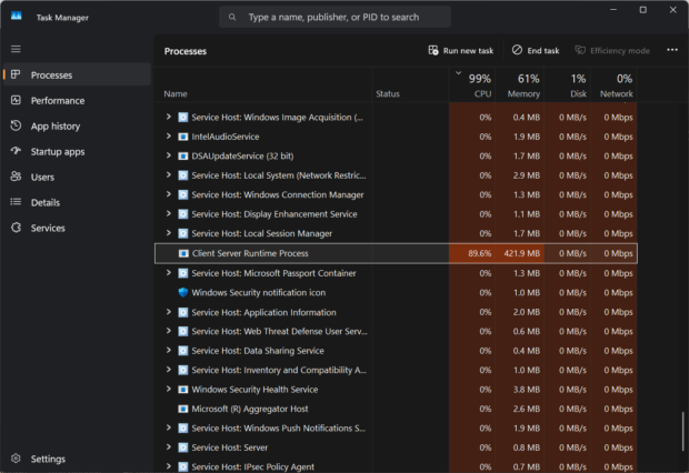 Client Server Runtime Process high CPU