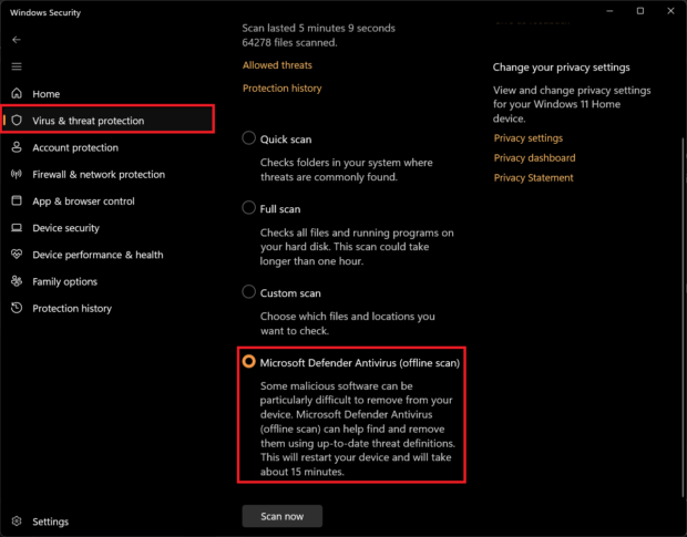 Microsoft Defender offline scan