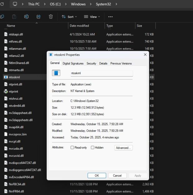ntoskernl.exe - file properties