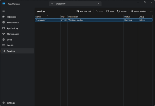 wuauserv service in Task Manager
