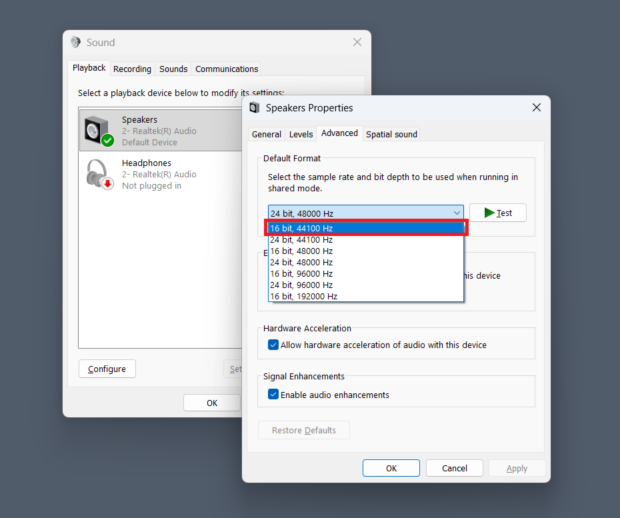 Adjust sample rate and bit depth