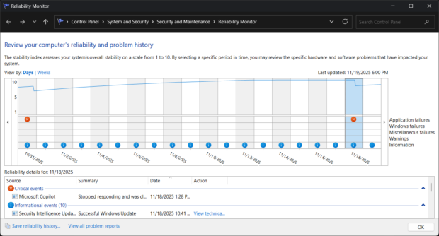 Check Reliability Monitor for recurring errors