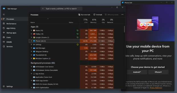 Phone Link high CPU usage in Windows 11 Task Manager