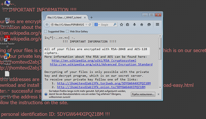 RSA-2048/AES-128 virus: “All of your files are encrypted with RSA-2048 and AES-128 ciphers”