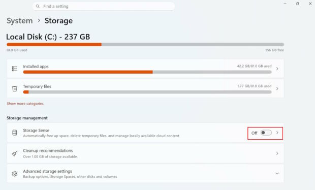 Step 3 - Disable Storage Sense