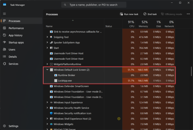 Windows Default Lock Screen process (LockApp.exe)