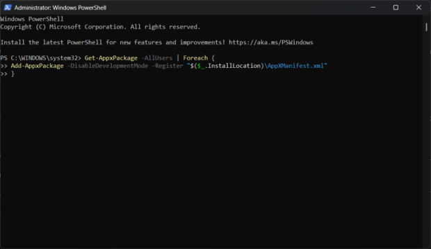Step 2: Re-register Microsoft Store Applications