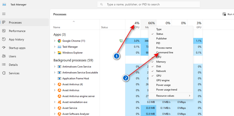 Windows 11 Task Manager column menu with Command line indicated