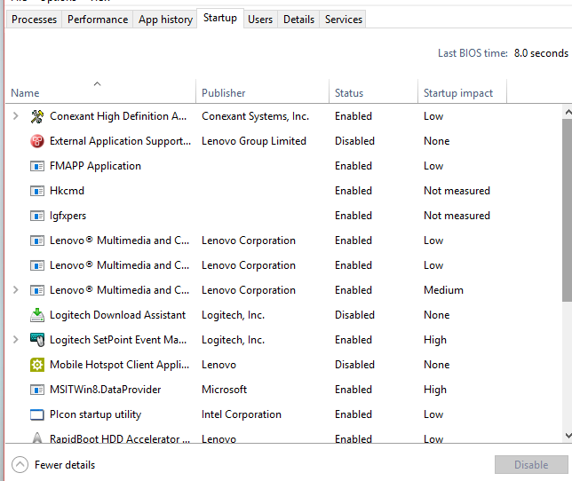 Older Task Manager Startup tab showing application publishers and enabled or disabled status