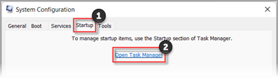 System Configuration Startup tab with Open Task Manager highlighted