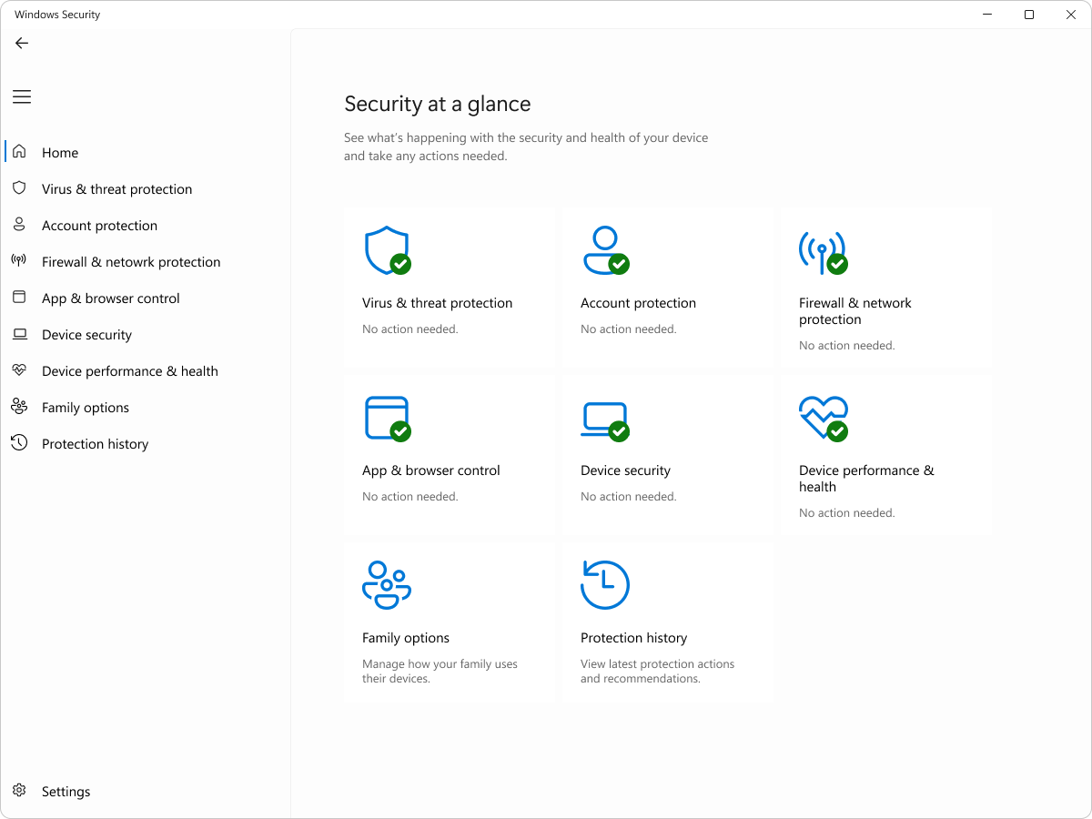 Windows Security Home showing the protection categories and their status