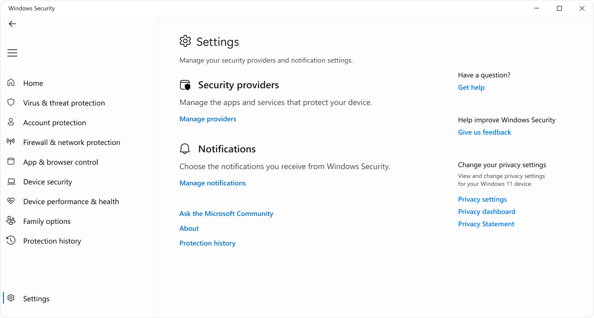 Windows Security Settings with the Manage providers link