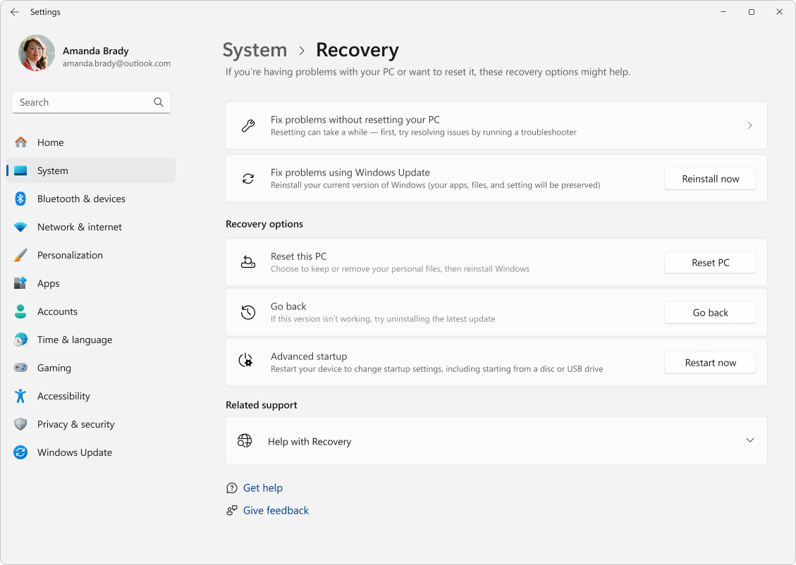 Windows 11 Recovery settings showing Fix problems using Windows Update