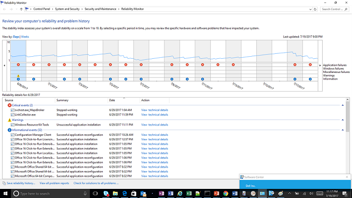 Reliability Monitor showing a timeline and critical application events