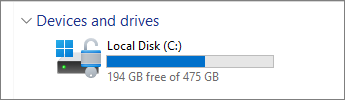 File Explorer showing available storage space on the Windows drive