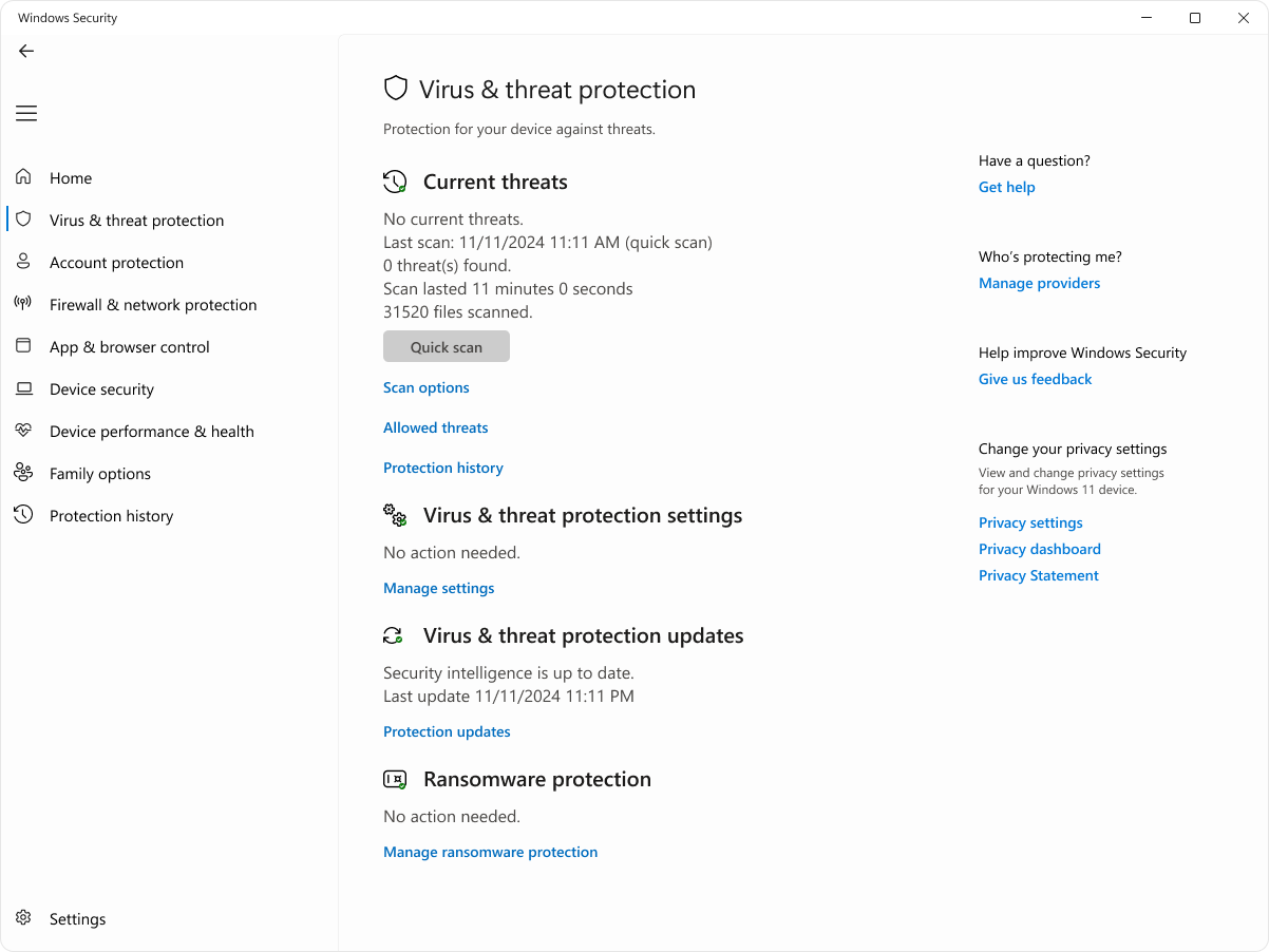 Windows Security Virus and threat protection page with Scan options