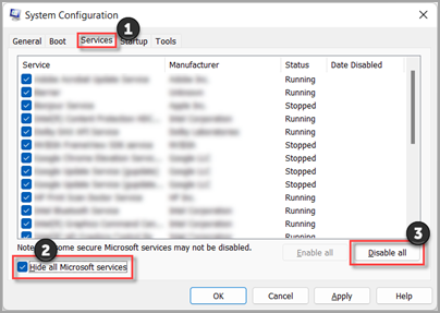 System Configuration showing Hide all Microsoft services before a clean boot